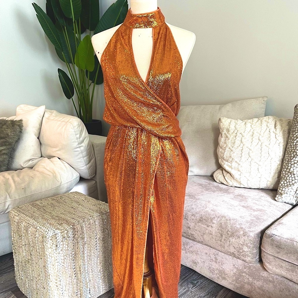Halter neck wrap front sequin dress